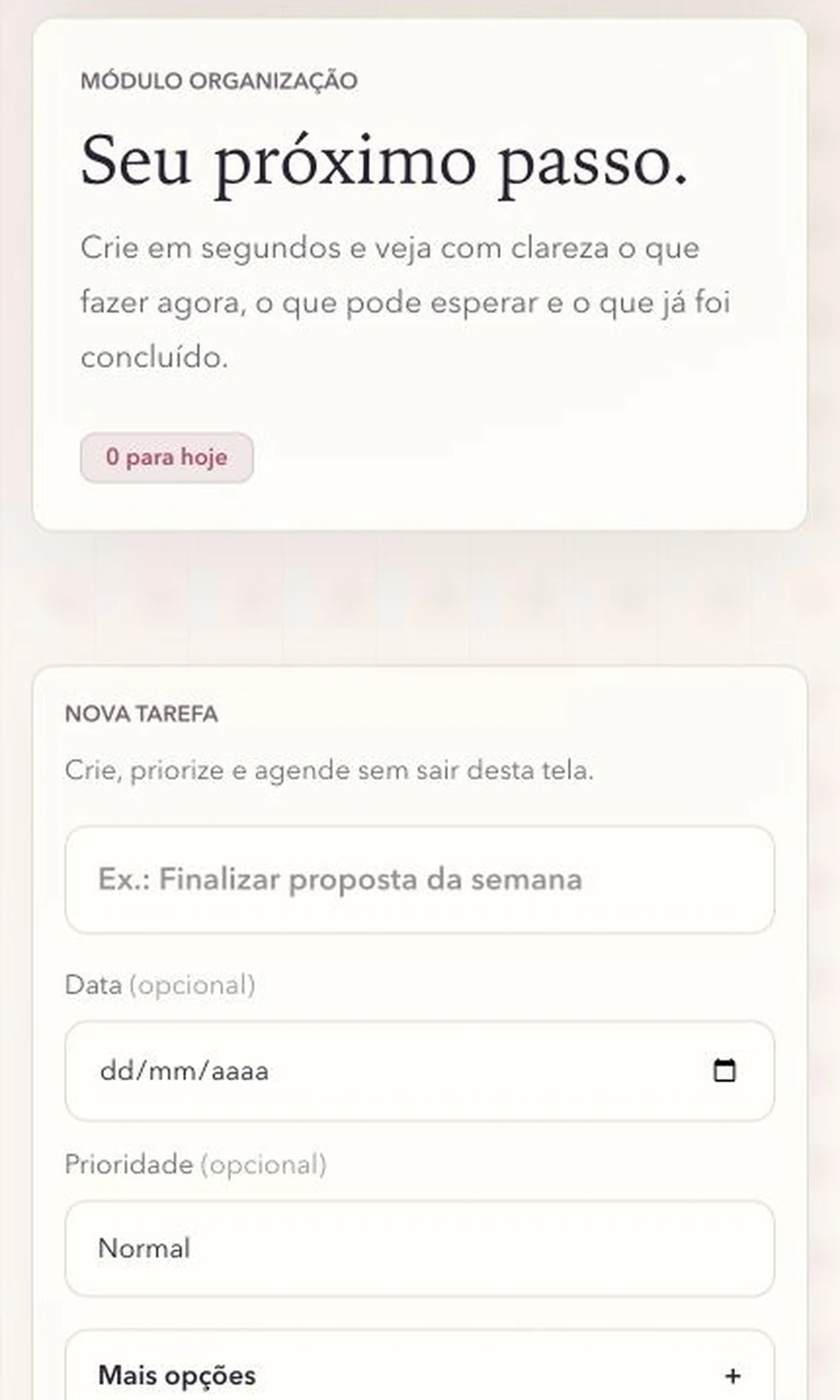Tela Plano da Mali com tarefas organizadas